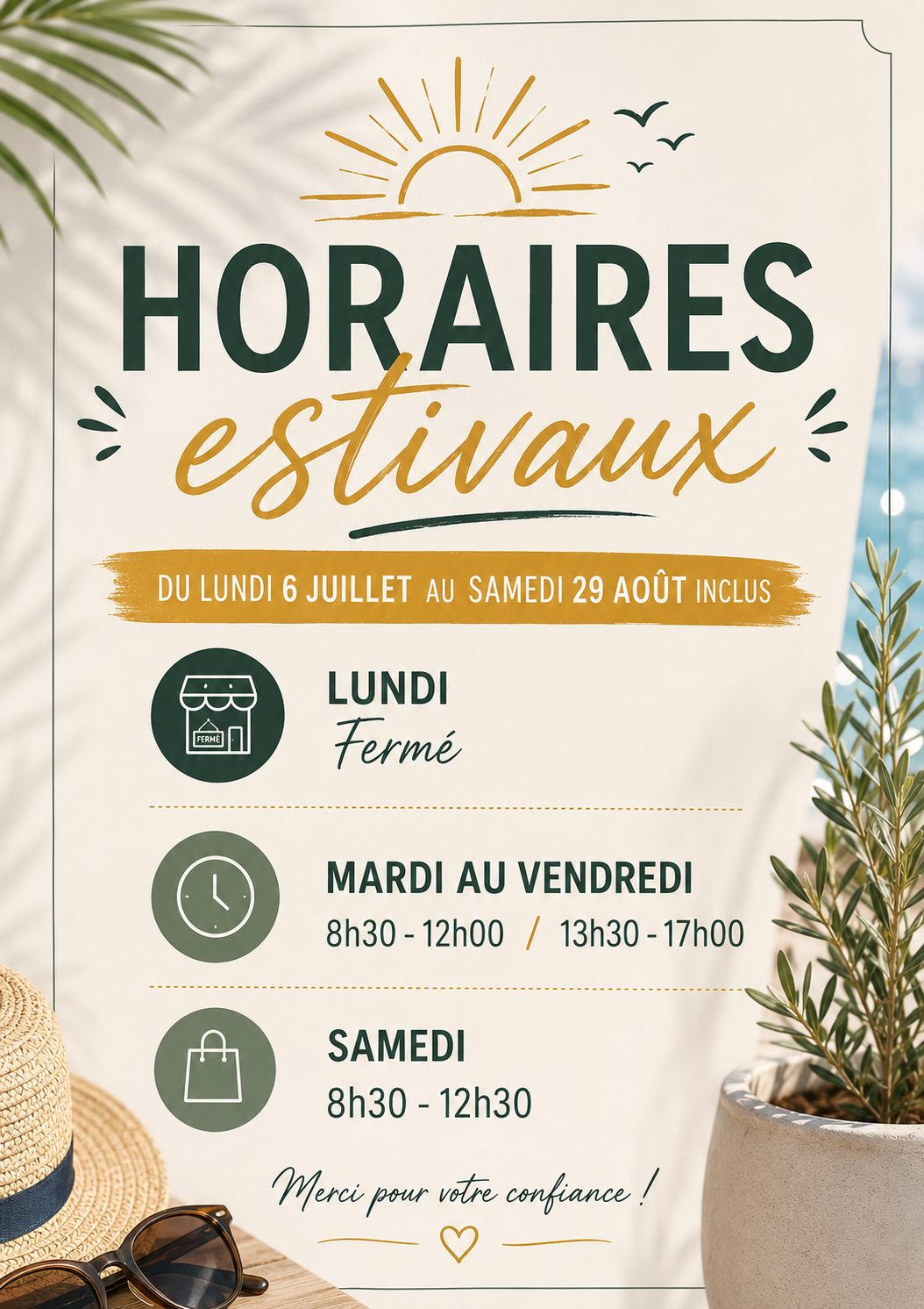 Horaires estivaux du 6 juillet au 29 août 2026 : lundi fermé, mardi au vendredi 8h30-12h00 et 13h30-17h00, samedi 8h30-12h30